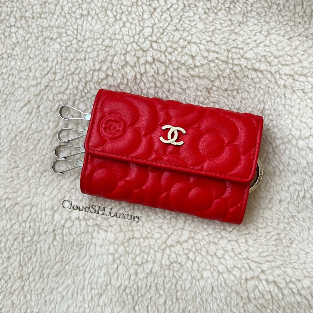 Auth Chanel Camellia Red Lambskin 4 Ring Key holder w/ Silver hdw - RARE